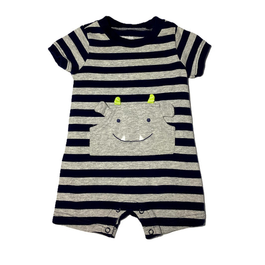 3-6 Boys Just One You Blue/Gray Stripe Romper w/Monster Pocket
