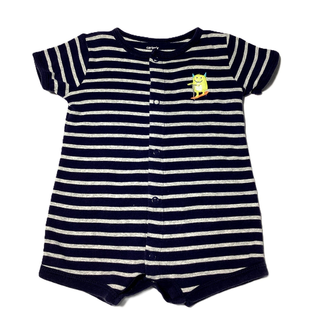 3-6 Boys Carter's Navy/Gray Striped Romper w/Monster on Scooter