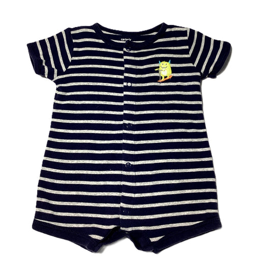 3-6 Boys Carter's Navy/Gray Striped Romper w/Monster on Scooter