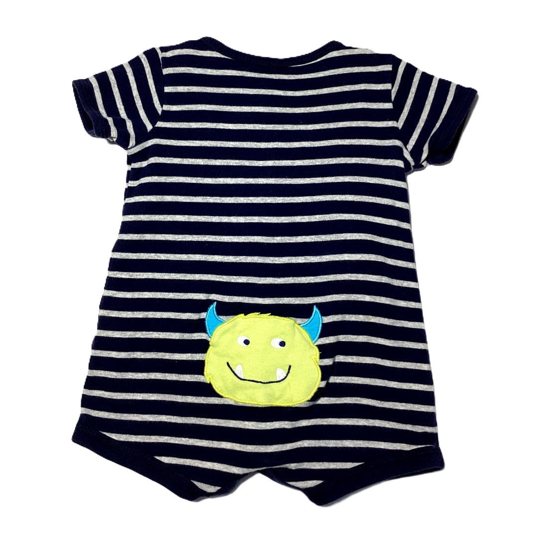 3-6 Boys Carter's Navy/Gray Striped Romper w/Monster on Scooter