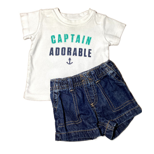 3-6 Boys Carter's White Captain Adorable Tshirt, Carter's Denim Shorts