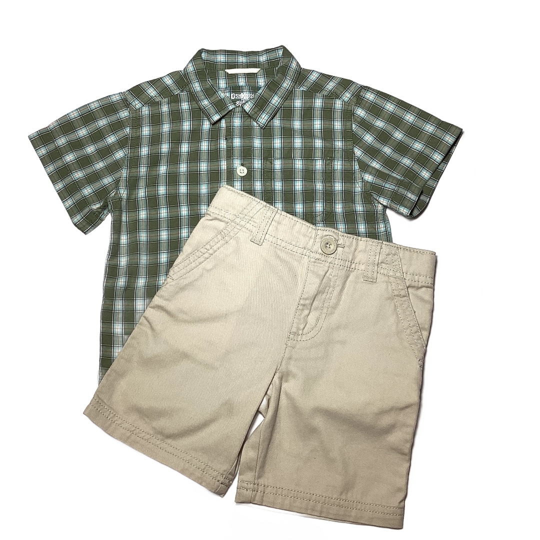 2T Boys OshKosh Sage Green Plaid Button Down, Healthtex Khaki Shorts