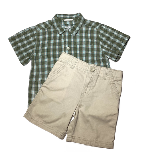 2T Boys OshKosh Sage Green Plaid Button Down, Healthtex Khaki Shorts