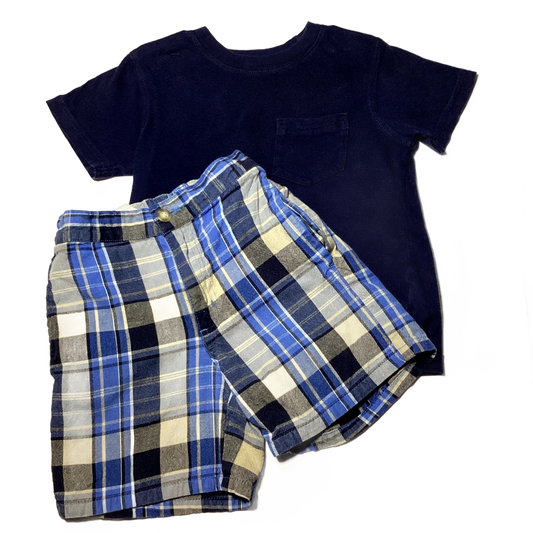 2T Boys Carter's Navy Blue Tshirt, Old Navy Blue Plaid Shorts