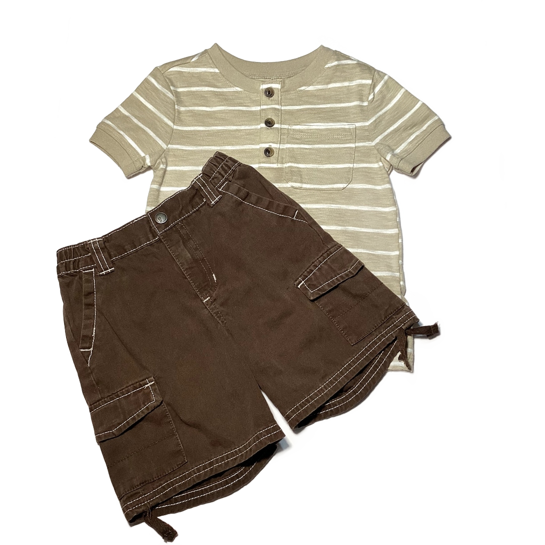 2T Boys Old Navy Khaki/White Stripe Henley, Gymboree Brown Shorts