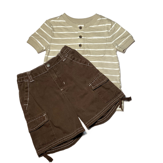2T Boys Old Navy Khaki/White Stripe Henley, Gymboree Brown Shorts