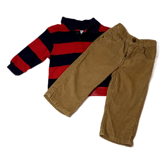 9-12 Boys Okiedokie Red/Navy Striped Collared Shirt, Carter's Brown Corduroy Pants