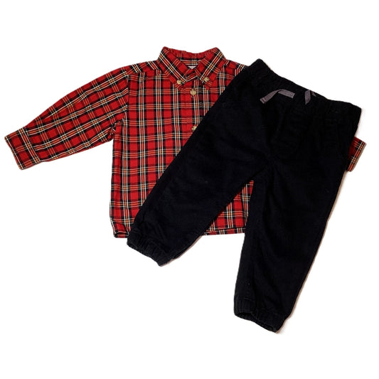 9-12 Boys Perfectly Dressed Red Plaid Collared Button Down, Black Pants