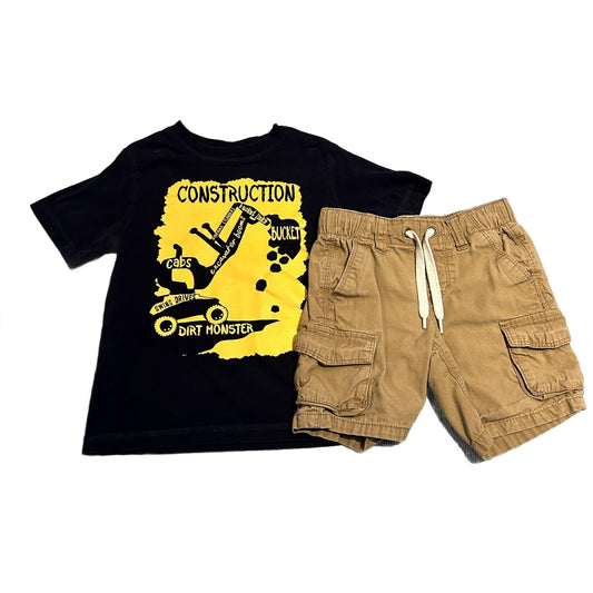 3T Boys Gymboree Black/Yellow Construction Tshirt, Old Navy Khaki Cargo Shorts