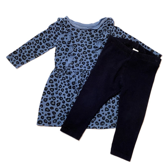 9-12 Girls Carters Blue/Black Leopard Print Dress, H&M Leggings