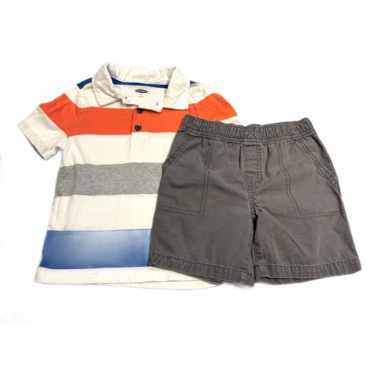 3T Boys Old Navy White/Orange/Blue Stripe Polo, Carter's Gray Shorts