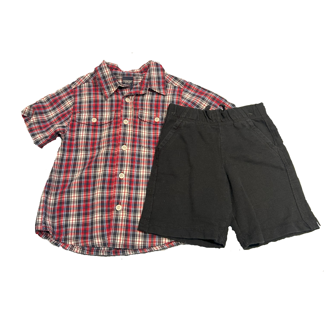 3T Boys OshKosh Blue/Red Plaid Button Down, Circo Black Shorts