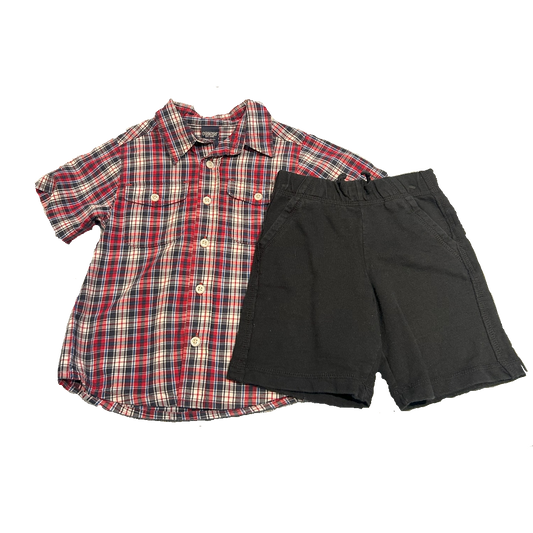 3T Boys OshKosh Blue/Red Plaid Button Down, Circo Black Shorts
