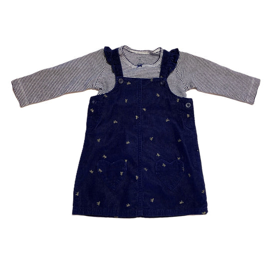 9-12 Girls Carter's Navy/White Striped Long Sleeve Onesie, Carter's Navy Corduroy Overall Dress w/ Gold Bow Pattern