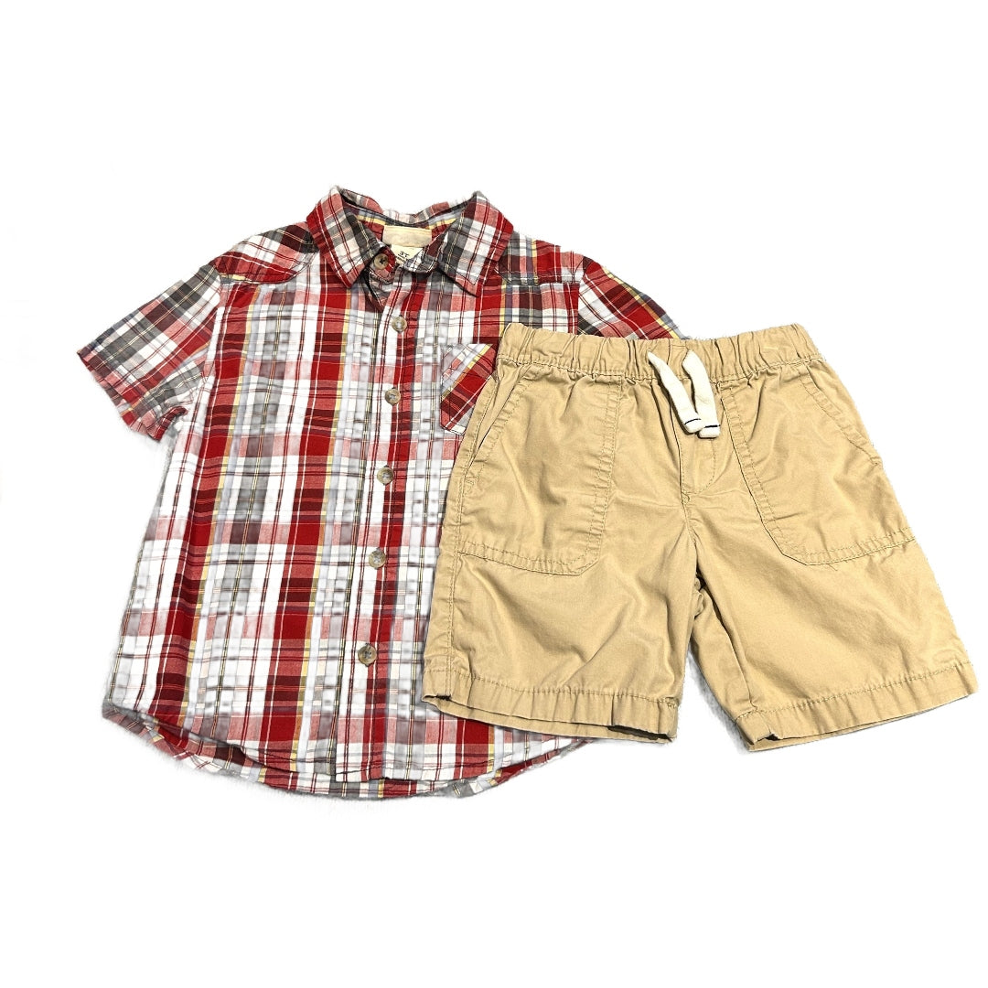 3T Boys Cherokee Red Plaid Button Down, Carter's Khaki Shorts