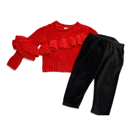 9-12 Girls Cat & Jack Red Chenille Ruffle Sweater, Jumping Beans Black Corduroy Pants