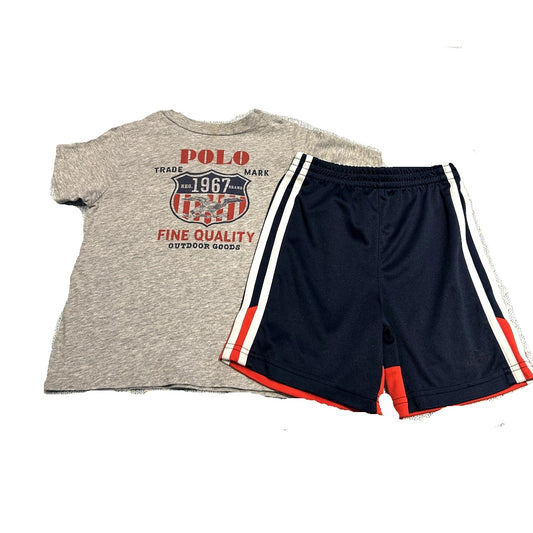 3T Boys Polo Gray Logo Tshirt, Adidas Blue/Red Sport Shorts