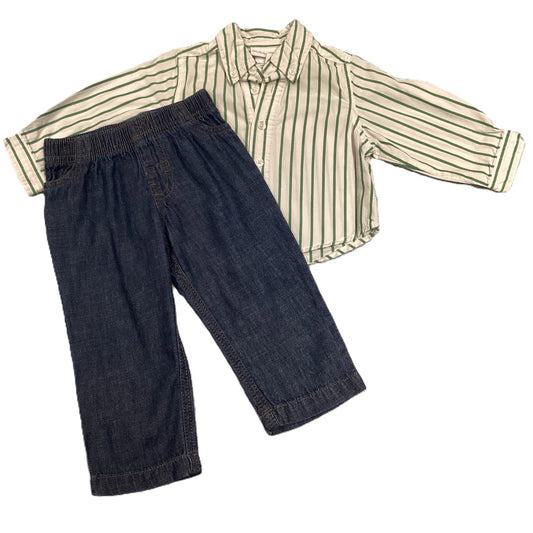 6-9 Boys Lullaby Club White/Green Stripe Button Down, Carter's Denim Pants