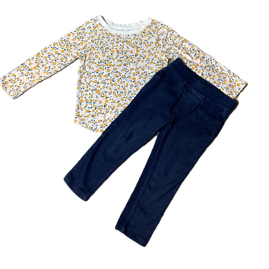 2T Girls Cat & Jack Ivory Long Sleeve Shirt w/Pink/Yellow Flowers, Garanimals Jeggings