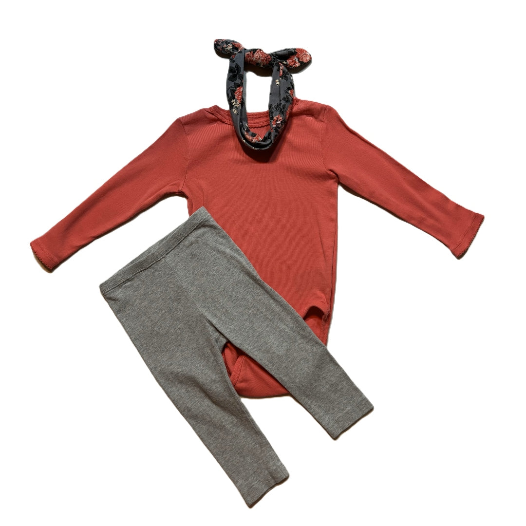 18-24 Girls H&M Long Sleeved Melon Onesie, Gray Old Navy Leggings, Headband