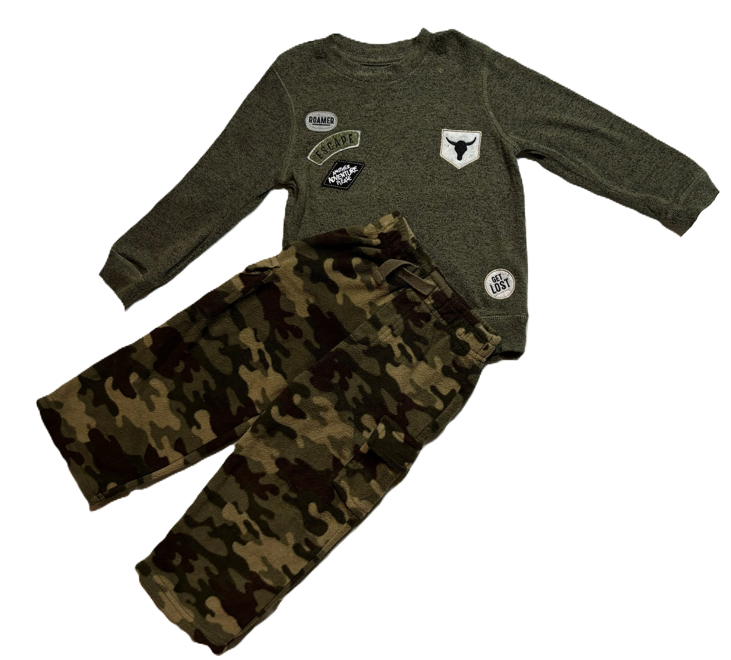 2T Boys Afton Street Patch Sweater, Garanimals Camo Fleece Cargos