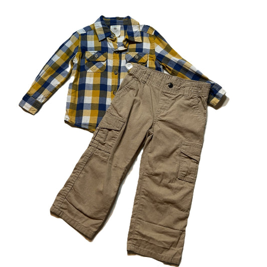 2T Boys Wonder Kids Yellow/Blue Checked Flannel Long Sleeve, Gymboree Cargos