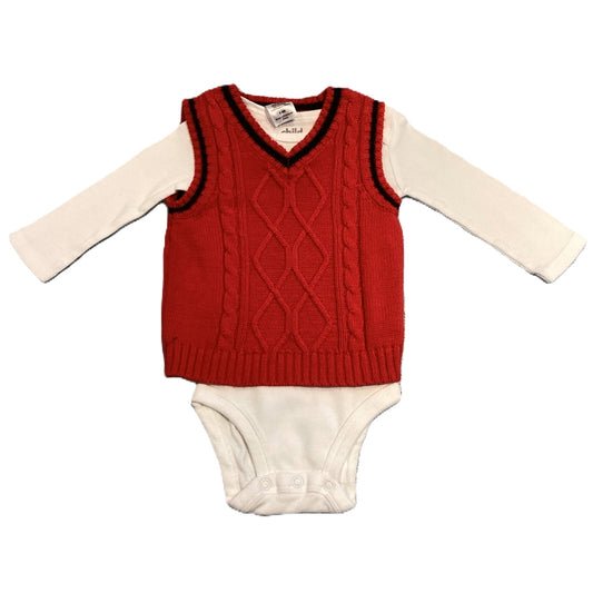 3-6 Boys Child of Mine Long Sleeve Onesie, Red Knitted Sweater Vest