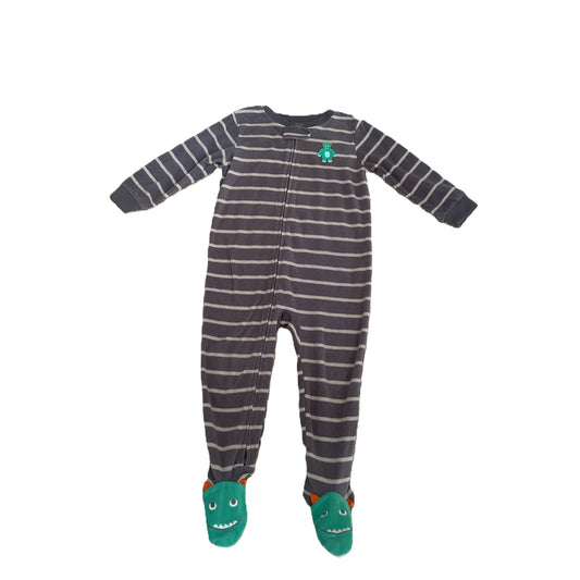 2T Boys Carter's Gray Striped Fleece Sleeper with Monster