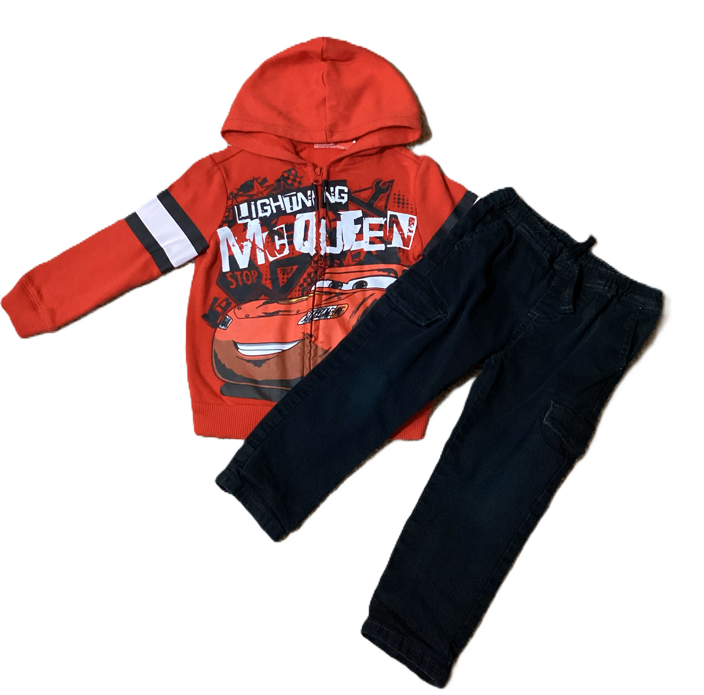 3T Boys Disney Cars Lightning McQueen Red Front Zip Sweatshirt, Black Cargo Joggers