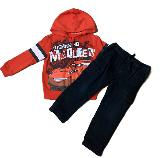 3T Boys Disney Cars Lightning McQueen Red Front Zip Sweatshirt, Black Cargo Joggers