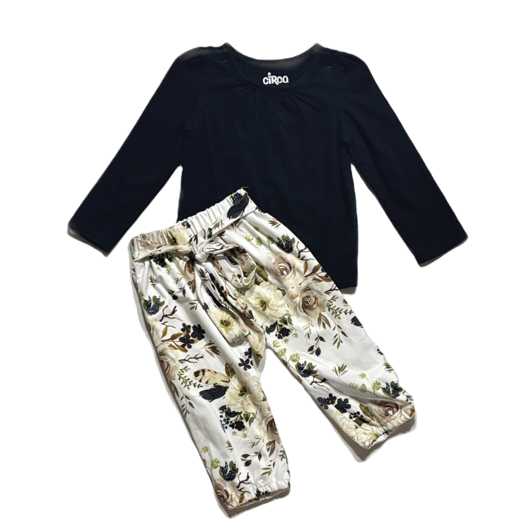 12-18 Girls Circo Black Long Sleeve Shirt, Beige Floral Elastic Bottom Pants