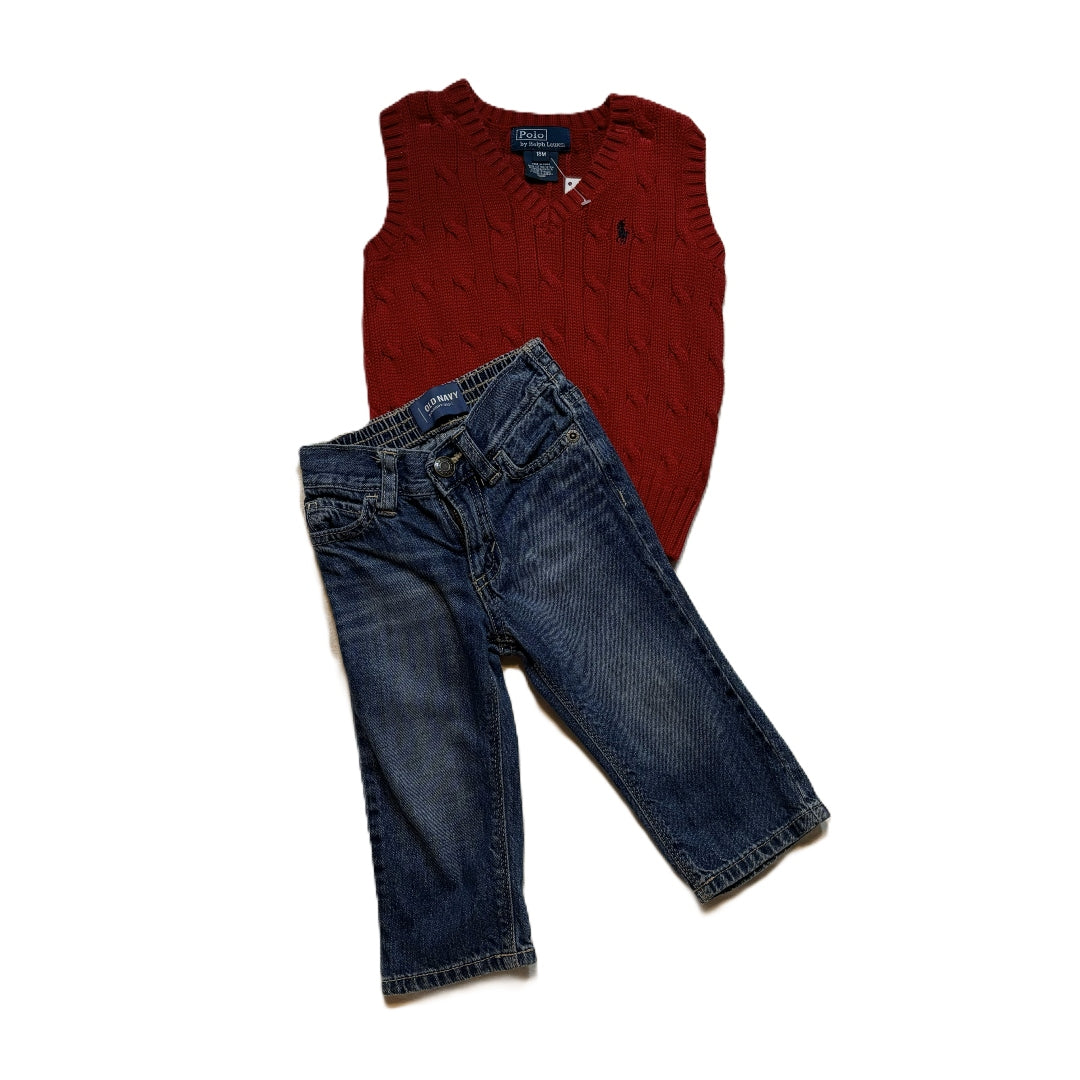 12-18 Boys Polo Red Knitted Sweater Vest, Old Navy Jeans