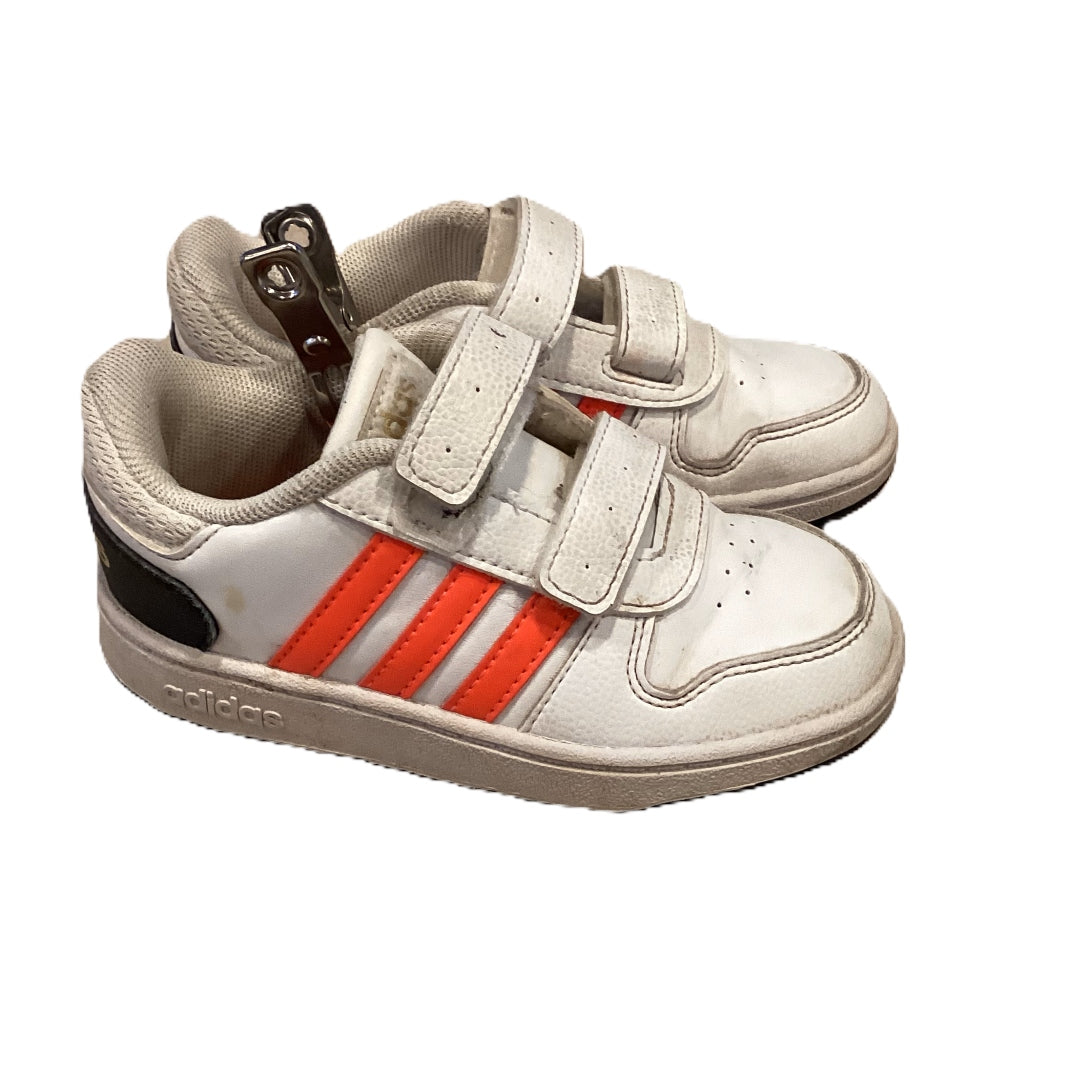 Size 9 Adidas White Leather w/Velcro and Orange Stripes Sneakers
