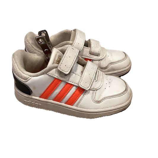 Size 9 Adidas White Leather w/Velcro and Orange Stripes Sneakers