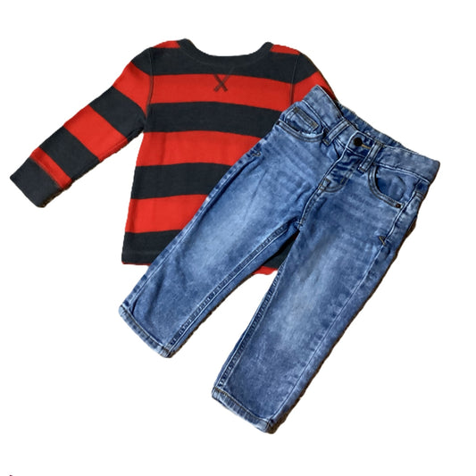 2T Boys Cat & Jack Gray/Red Striped Waffle Shirt, Cat & Jack Jeans