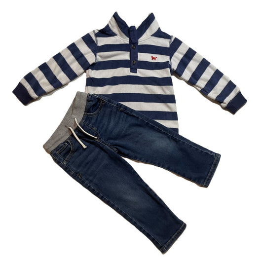 3T Boys Carter's Fleece Half Button Striped Shirt, Cat & Jack Jeans