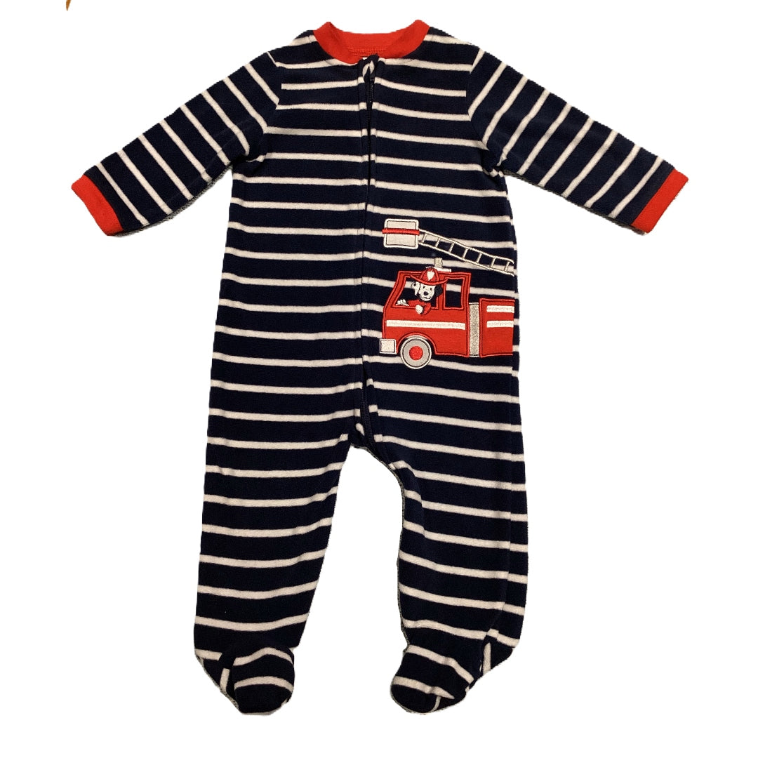 6-9 Boys Little Me Navy/White Stripe Sleeper w/Fire Dog