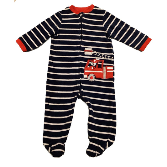 6-9 Boys Little Me Navy/White Stripe Sleeper w/Fire Dog