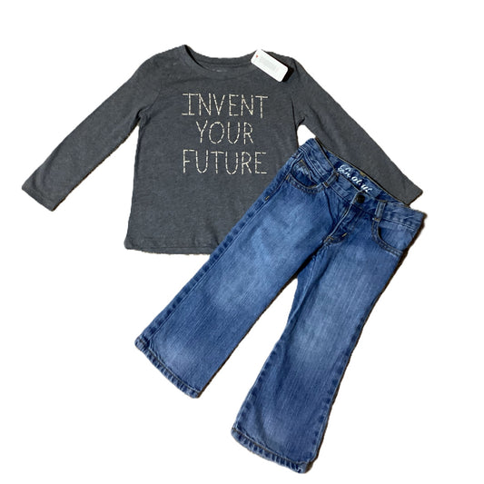 2T Girls Gymboree NWT Gray Invent Your Future Long Sleeve Shirt, Old Navy Boot Cut Jeans