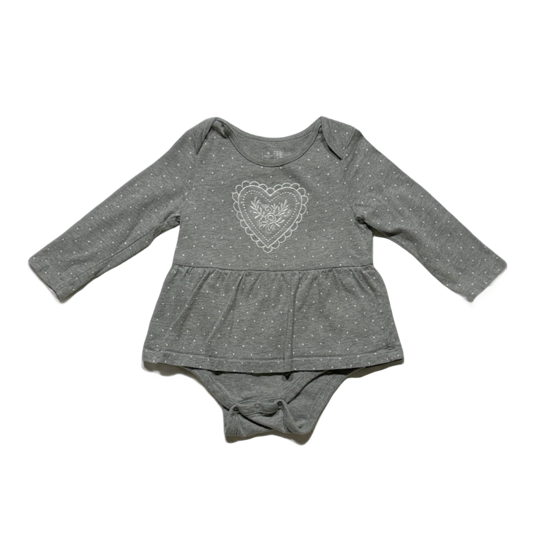 12-18 Girls Baby Gap Gray Long Sleeve Onesie with Skirt and Floral Heart Design