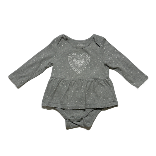 12-18 Girls Baby Gap Gray Long Sleeve Onesie with Skirt and Floral Heart Design