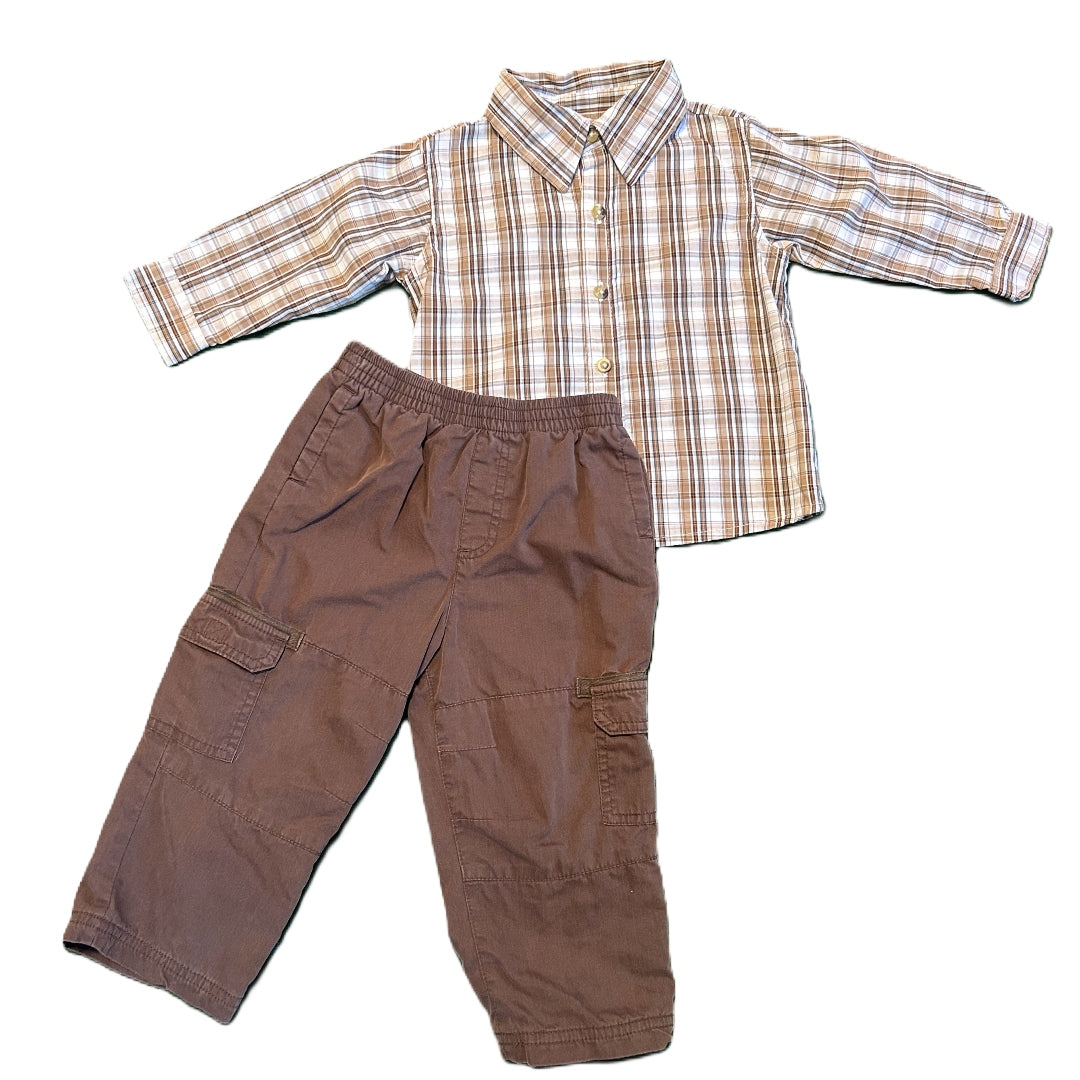 18-24 Boys Little Rebels Brown/Tan Plaid Long Sleeve Button Down, Arizona Jean Co Cargo Pants