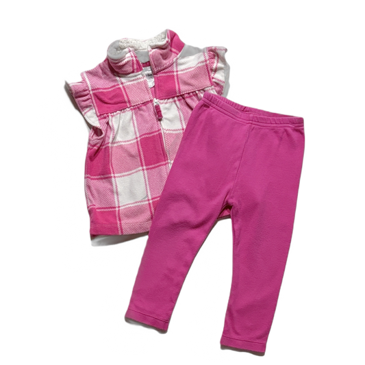 12-18 Girls Carter's Fleece Pink Plaid Zip Up Vest with Matching Leggings