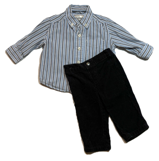 6-9 Boys Place Striped Button Down Shirt, Black Corduroy Pants