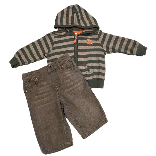 3-6 Boys Carter's Zip-Up Gray/Green Stripe w/Fox Sweatshirt, Genuine Baby Jeans