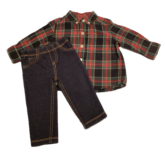 6-9 Boys The Children's Place Red/Green/Black Plaid Button Down, Carter's Jeggings