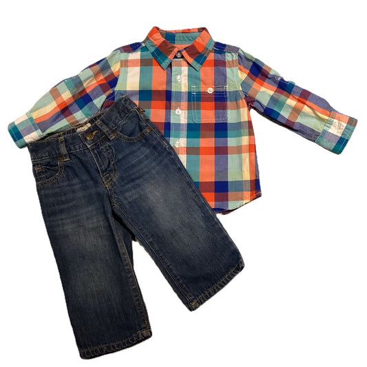 12-18 Boys Baby Gap Orange/Blues Plaid Button Down, Baby Gap Jeans