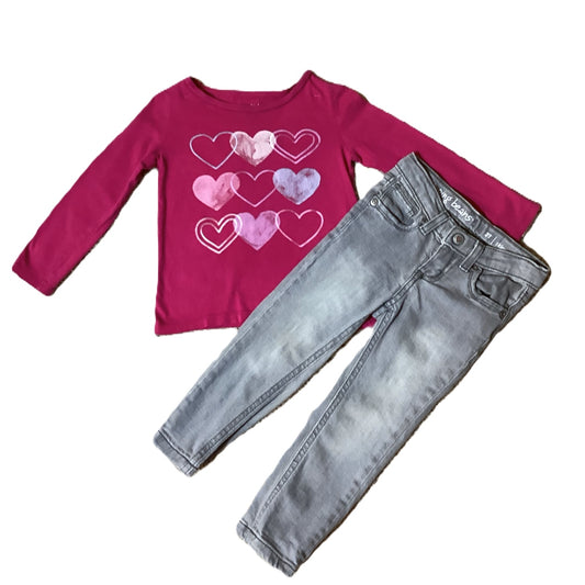 2T Girls Carter's Hot Pink Long Sleeve Shirt w/Hearts, Jumping Beans Gray Jeans