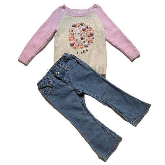 2T Girls Cat & Jack Pom Pom Sweatser, Sonoma Flare Jeans