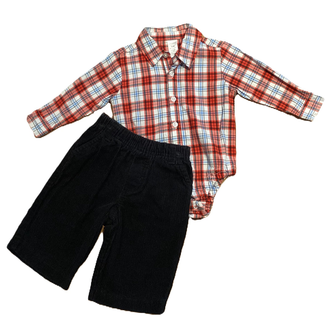 3-6 Boys George Long Sleeve Red/Black Plaid Onesie, Mini Wear Corduroy